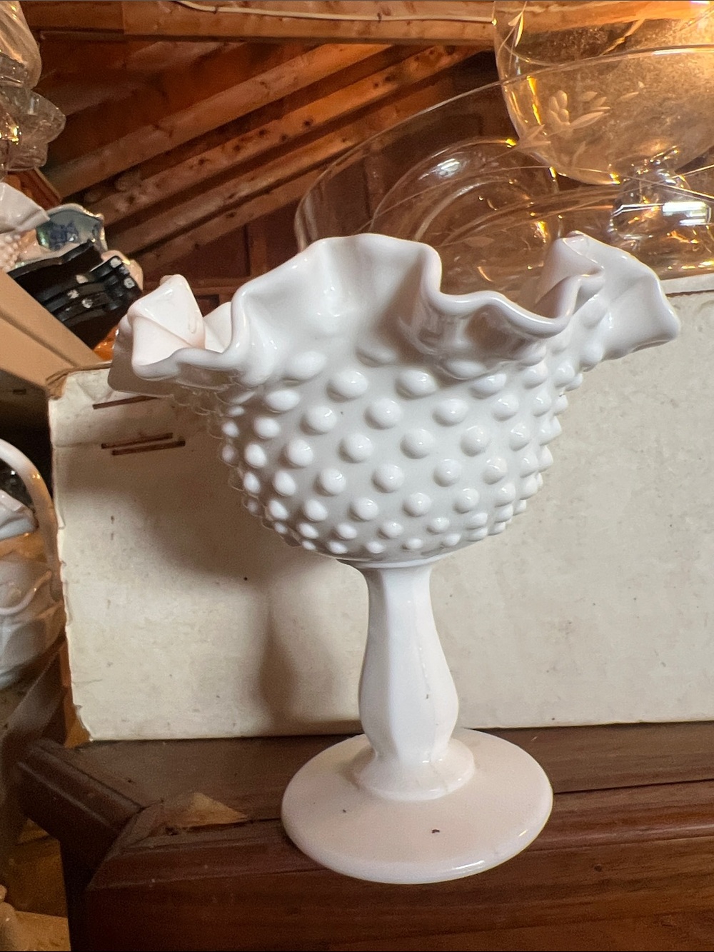 Vintage White Hobnail Milk Glass Compote Pedestal Bowl